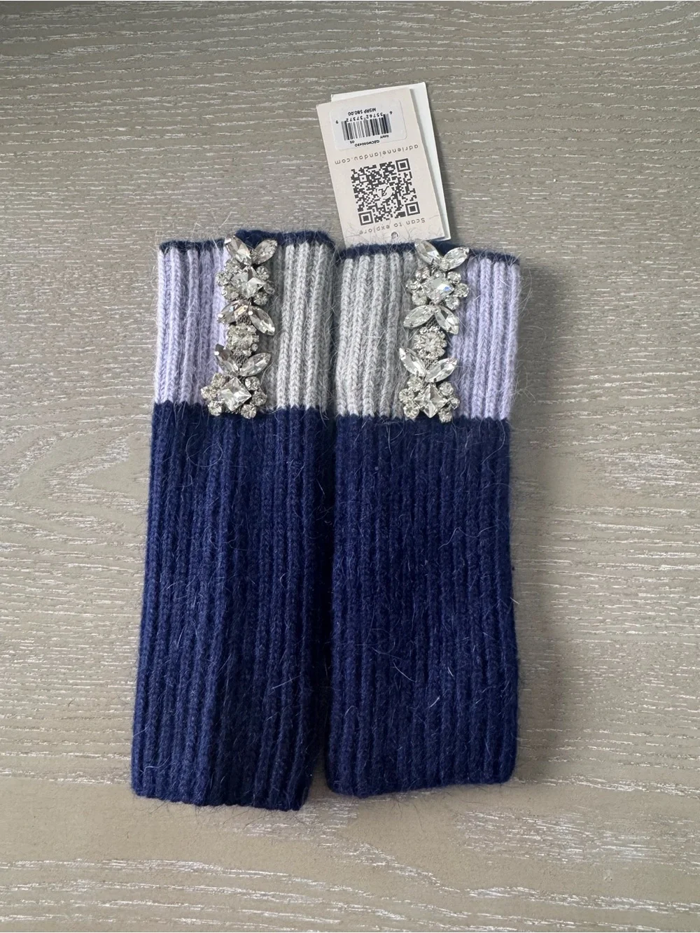 Adrienne Landau Navy and Light purple Crystal-Embellished Knit Fingerless Gloves
